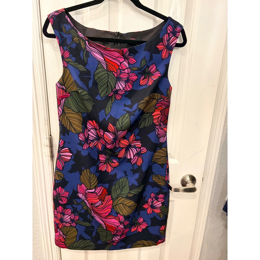 Trina Turk Sheath Dress Blue Pink Floral Sleeveless Boat Neck Cocktail Mini